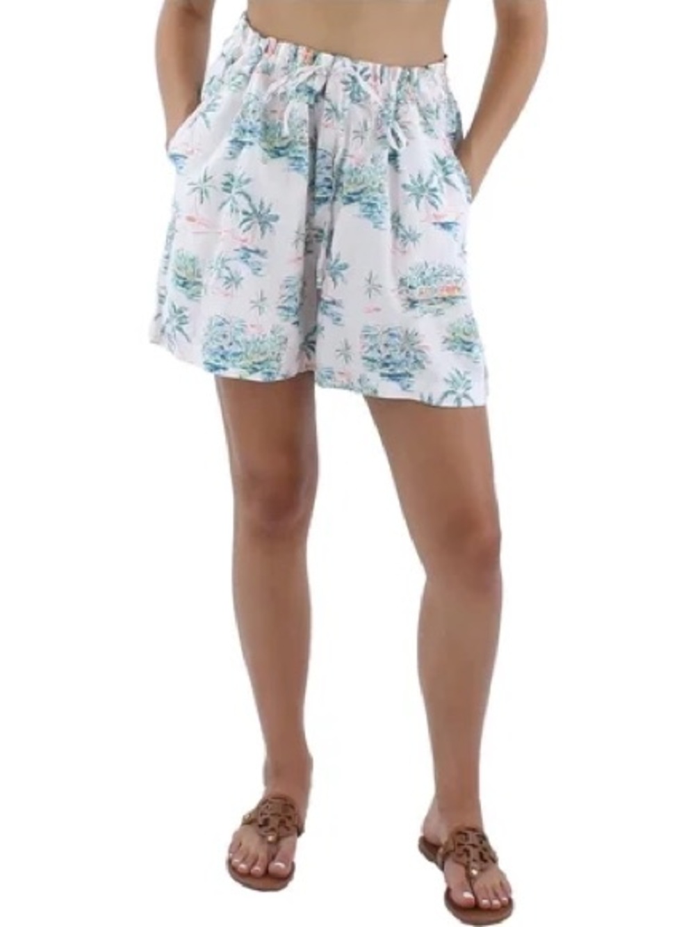 Tommy Bahama White Tropical-Print Elastic Waist Shorts 100% Linen